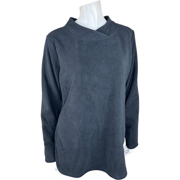 Denim & Co. Regular Fleece Crossover Neck Long Slv Tunic w/ Dolphin Hem Black S - Picture 1 of 13